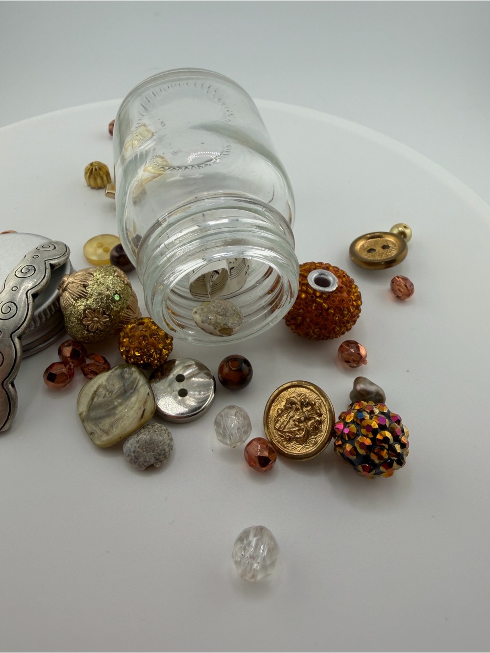 Assorted Decorative - Vintage Metal Buttons & Beads Mix - Clear, Gold, Brown